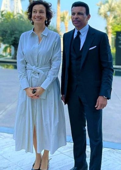 A photo of Sunny Varkey with UNESCO's Director-General Audrey Azoulay