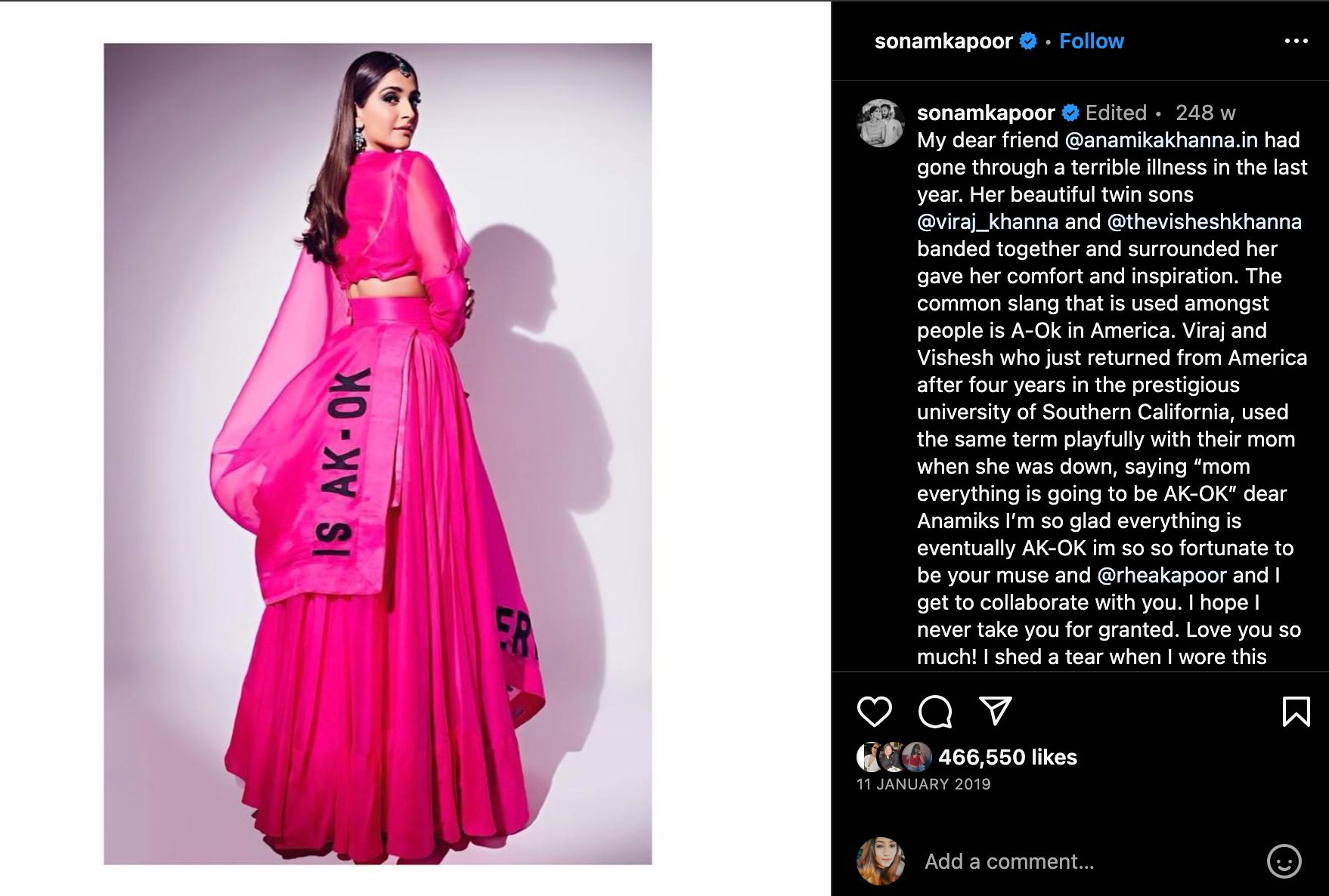 Sonam Kapoor's Instagram post in support of Anamika Khanna
