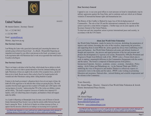 Dr. Ahmed Haque wrote a letter to the United Nations Secretary-General highlighting the urgent need for peace and the ongoing human crisis in Gaza