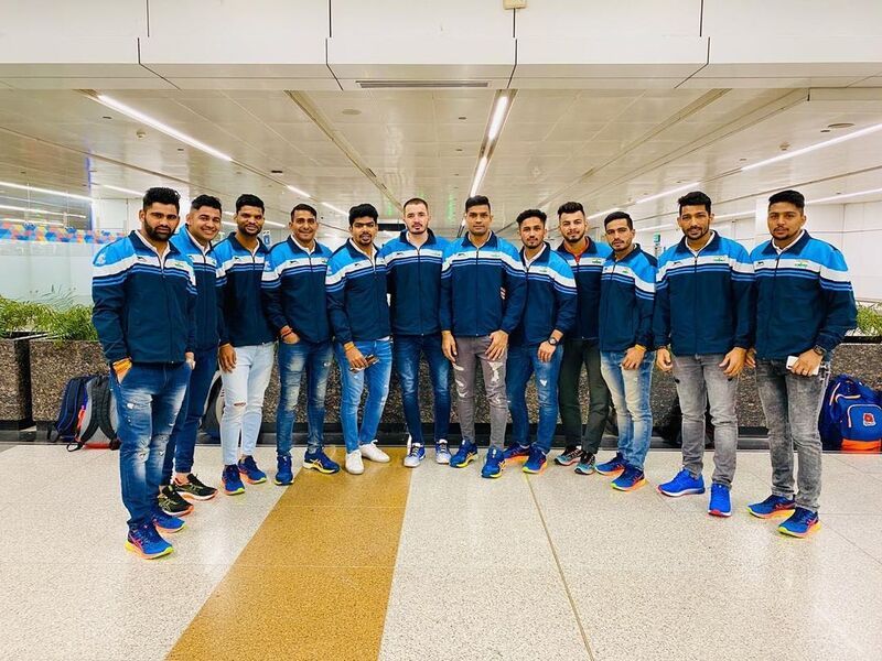 Nitesh Kumar (extreme right) with other team members of the Indian Kabaddi team at the 13th South Asian Games in Nepal