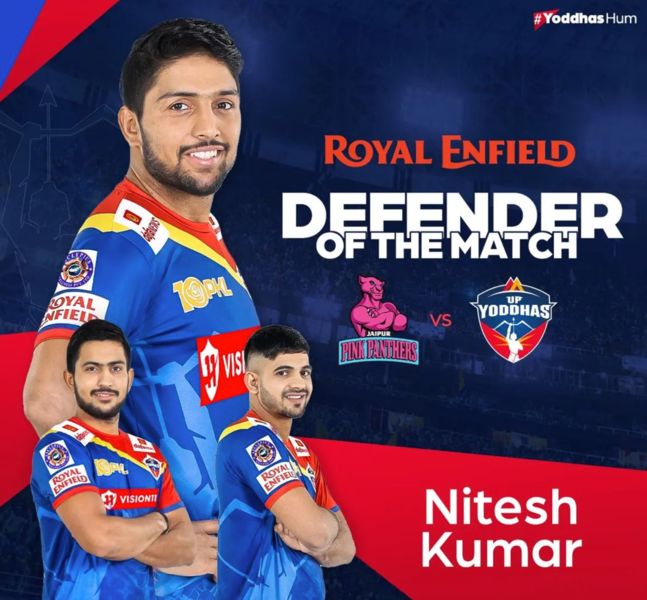 Nitesh Kumar won the prize of 'Defender of the Match' in PKL season 10