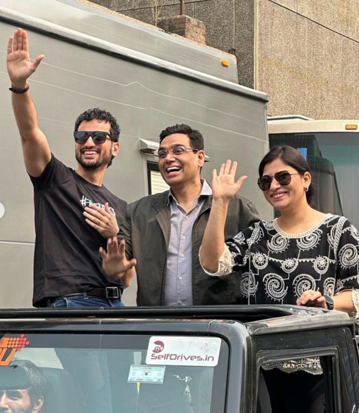 Anant Vijay Joshi (extreme left) with Manoj Kumar Sharma (IPS) and his wife at the promotion of the movie 12th Fail